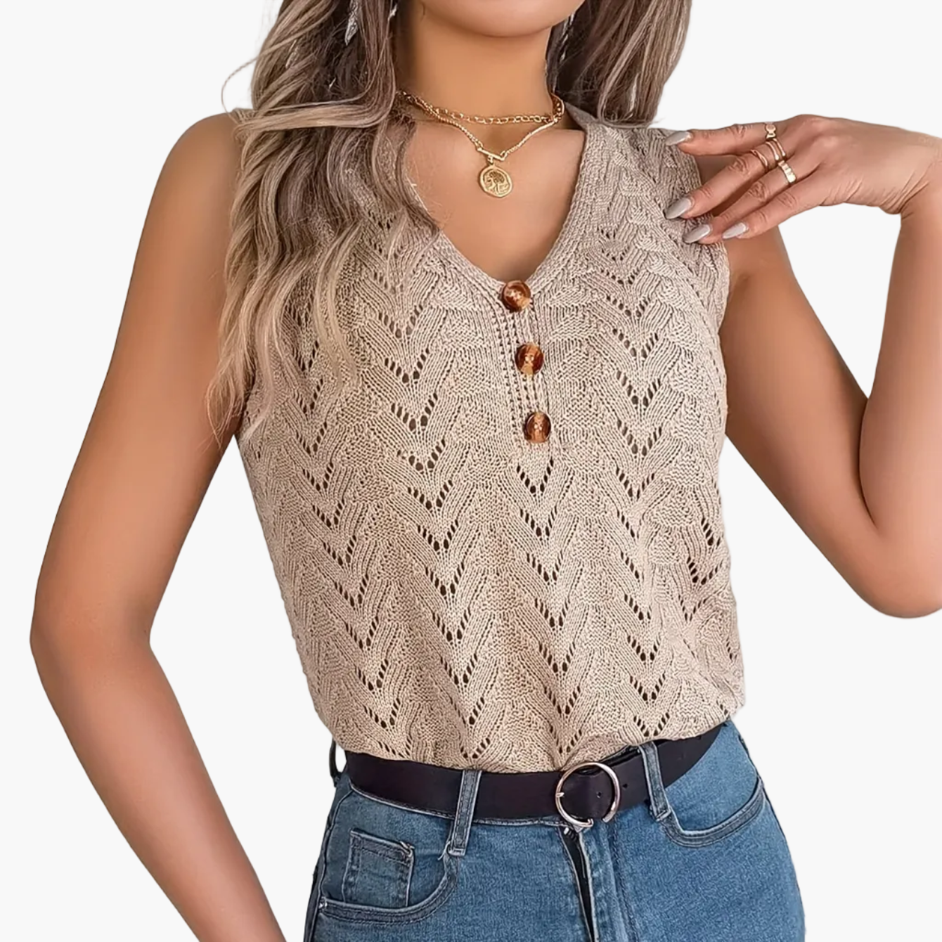 Damen Stricktop im Häkelstil mit Knöpfen – Elegantes Sommer-Top für Freizeit & Urlaub