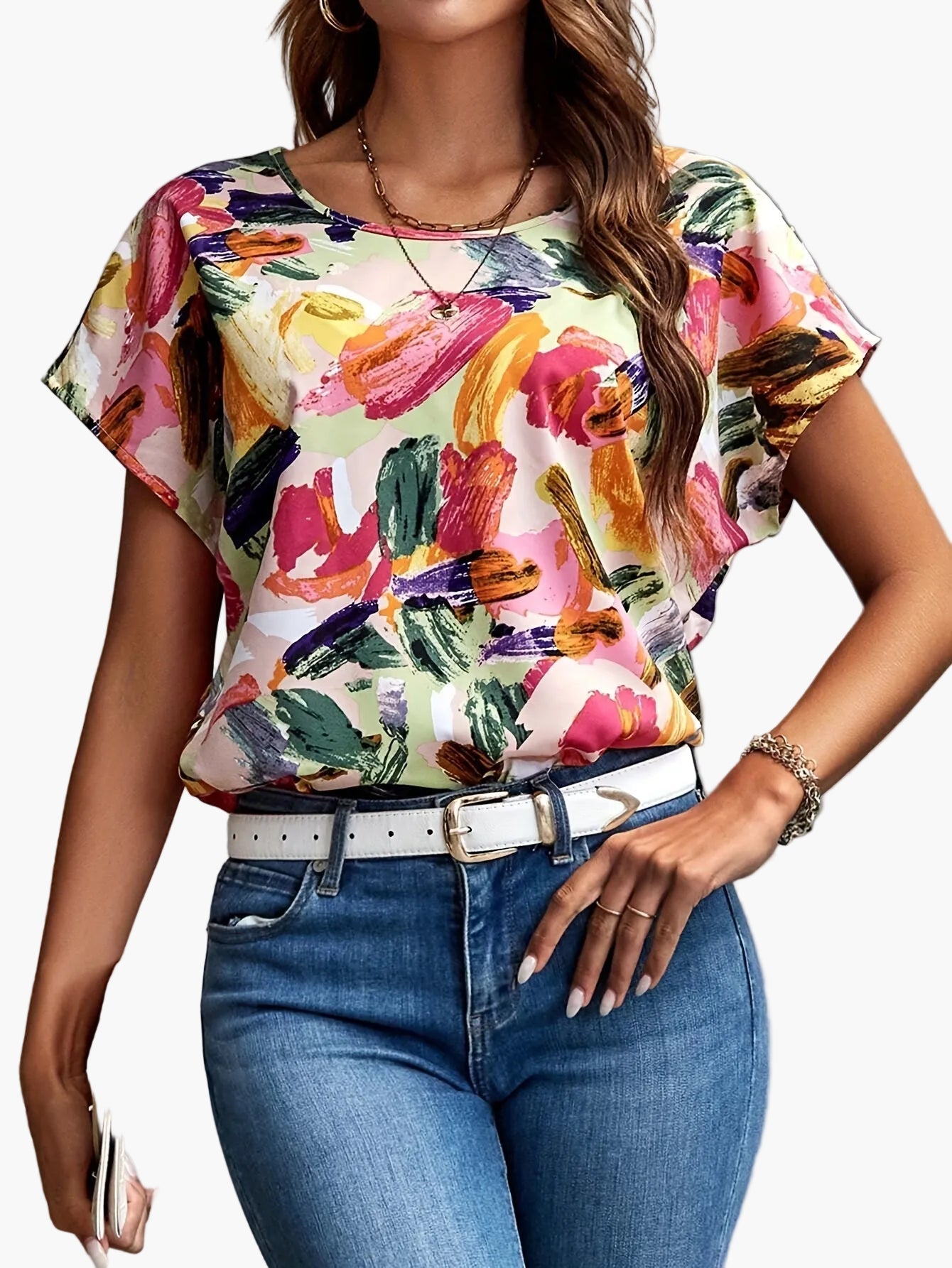 Damen Elegant Bluse mit künstlerischem Pinselstrich-Print – Sommer Freizeit Top