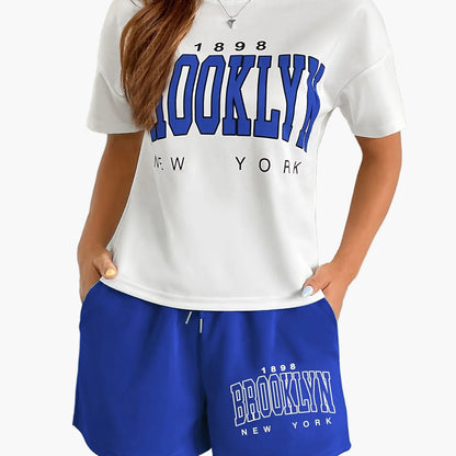 Damen Streetstyle Zweiteiler Set – Brooklyn New York Print T-Shirt und Shorts, Urban Freizeit Outfit
