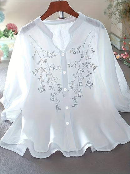 Damen Elegante Bluse mit Stickerei und lockerem Schnitt – Perfekt für Freizeit und Büro