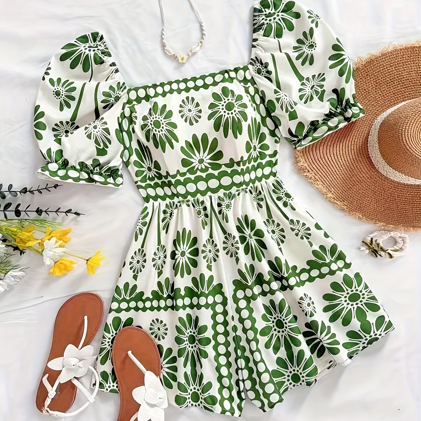Damen Vintage-inspirierter Jumpsuit mit Puffärmeln und Blumenmuster – Eleganter Einteiler für Freizeit und Events
