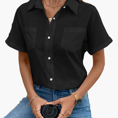 Damen Kurzarm Bluse mit Vogel-Print – Stilvolle Freizeit Hemdbluse für Alltag & Büro