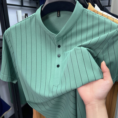 Herren Kurzarm-Hemd mit Stehkragen und Nadelstreifen – Modernes Freizeitshirt mit Knopfleiste