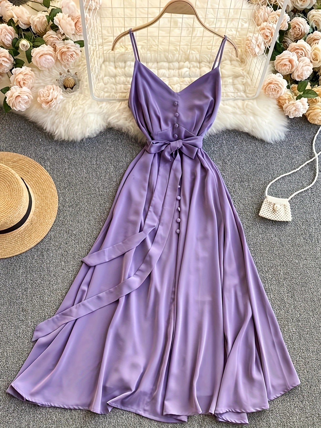 Damen Maxikleid mit Schleife und Spaghettiträgern – Elegantes Kleid für besondere Anlässe