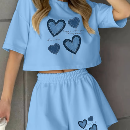 Damen Pyjama-Set mit blauen Herz-Prints – Lässige Homewear für gemütliche Wintertage