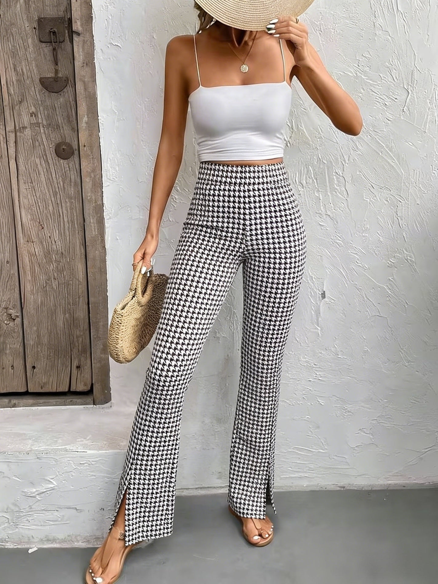 Damen Schlaghose mit Hahnentritt-Muster und Schlitz – Eleganter Freizeit-Look