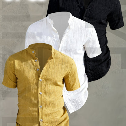 Herren 3er-Pack Freizeithemd mit Stehkragen, Kurzarm, Modernes Design, Knopfleiste