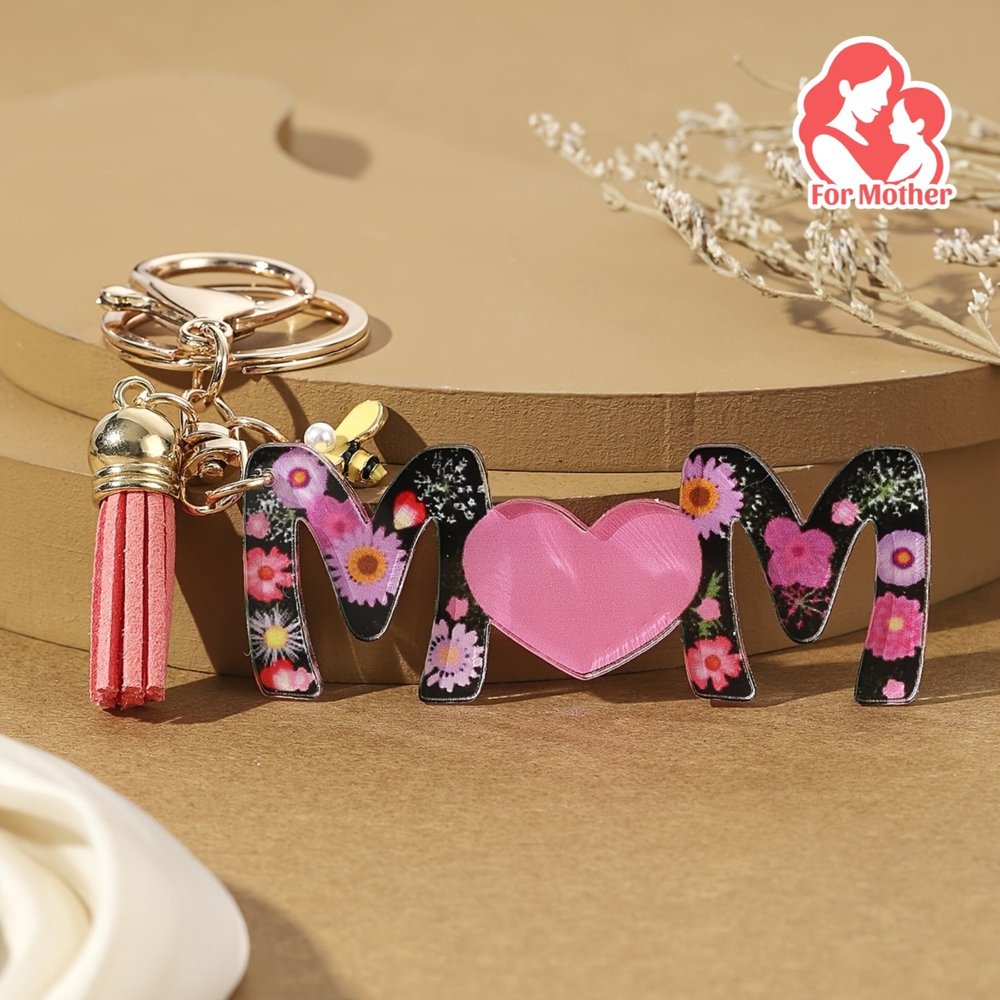 Schlüsselanhänger Muttertag Damen – Herz & Blumen Design, Modischer Geschenkartikel für Mama