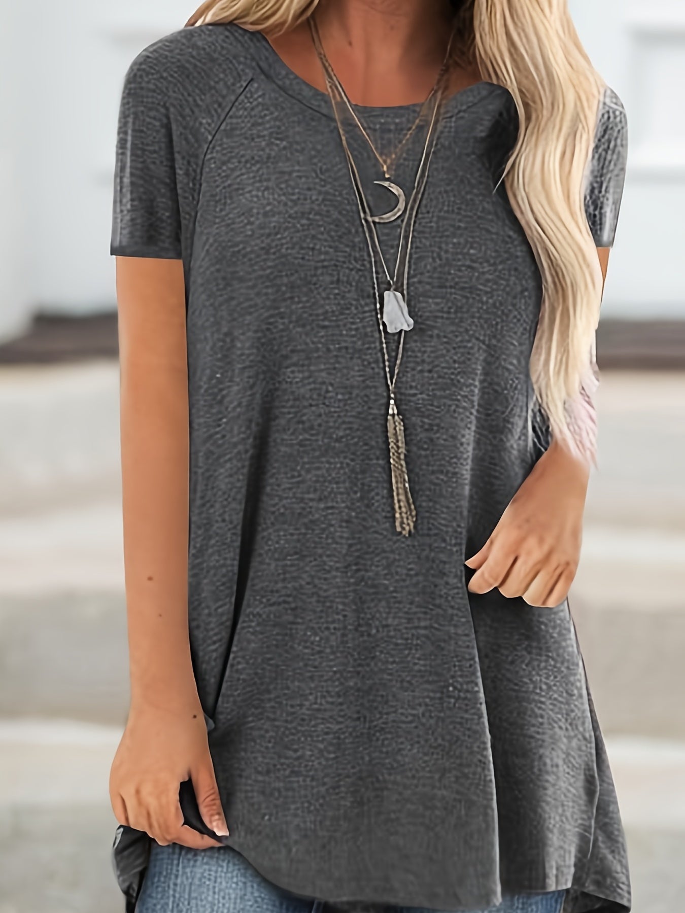 Damen Tunika T-Shirt Kurzarm Lockerer Schnitt Freizeitmode