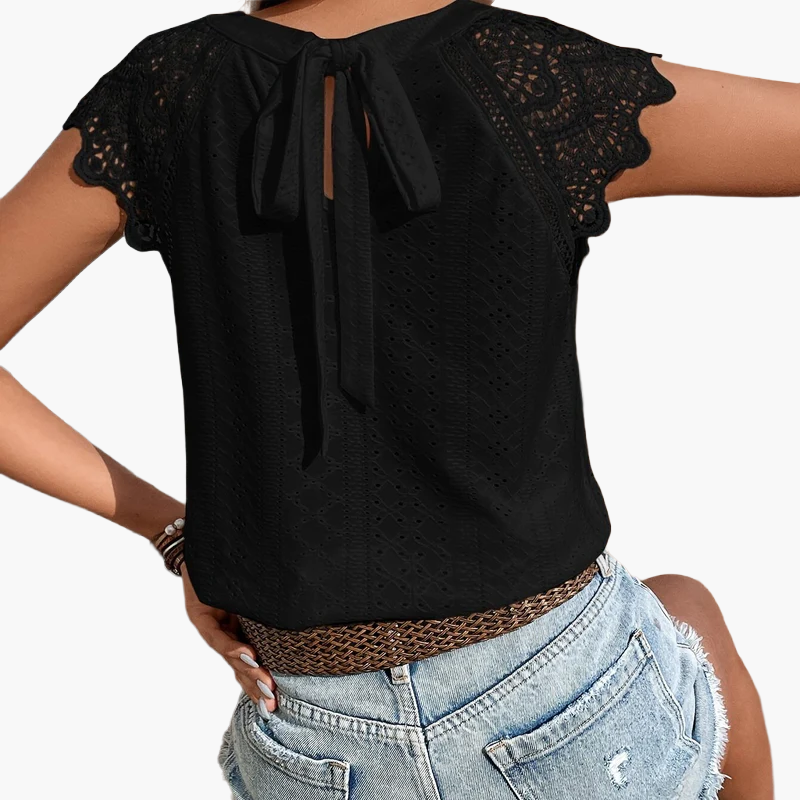 Damen Spitzentop mit Häkelärmeln und Rückenschleife – Sommer Freizeit Bluse