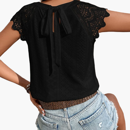 Damen Spitzentop mit Häkelärmeln und Rückenschleife – Sommer Freizeit Bluse