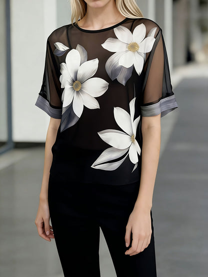 Damen Bluse mit großen floralen Prints und transparentem Overlay – Eleganter Stil für Büro und Freizeit