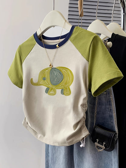 Damen T-Shirt mit Elefantendruck im Y2K-Stil – Freizeit & Trendy