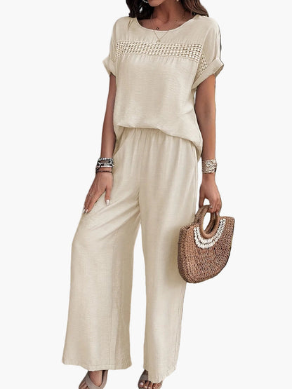 Damen Sommer Zweiteiler Set – Lässiges Boho Outfit mit weiter Hose und Kurzarm Bluse, Ideal für Strand & Freizeit