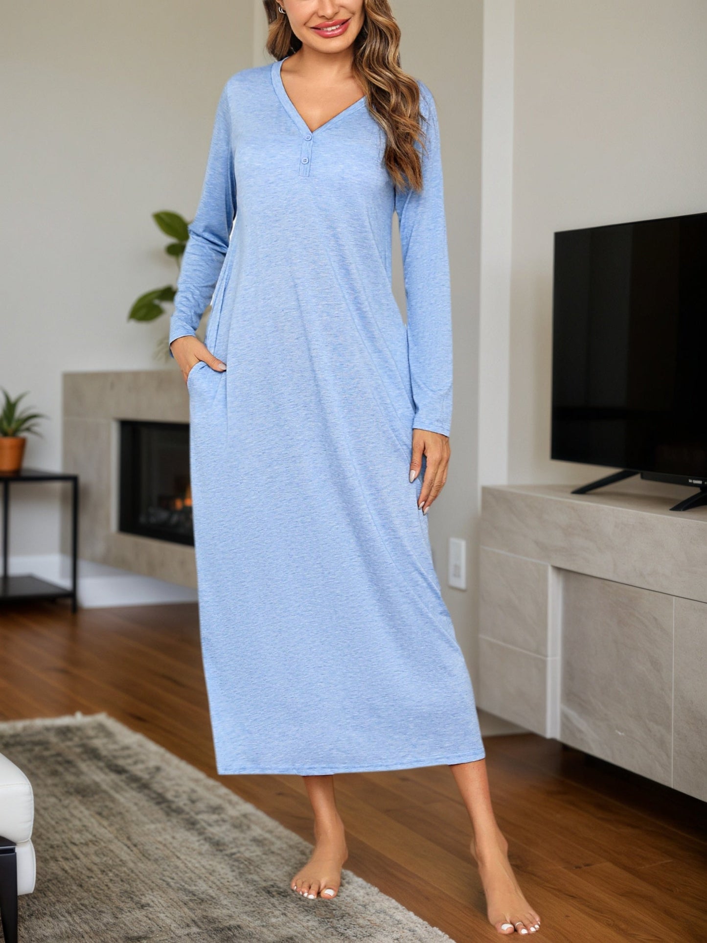 Damen Loungewear Langarm Freizeitkleid mit Knopfleiste, Bequem für Zuhause und Entspannung