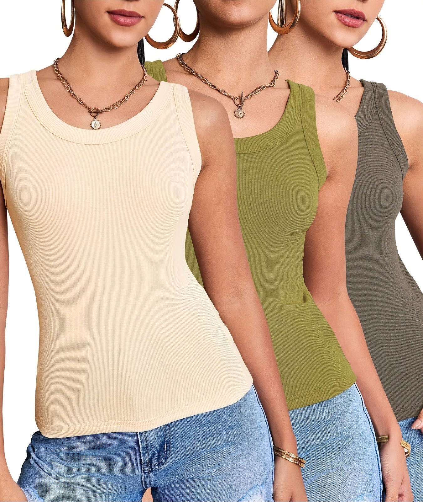 Damen Basic Tanktop 3er-Pack – Figurbetonte Sommer Freizeit Tops