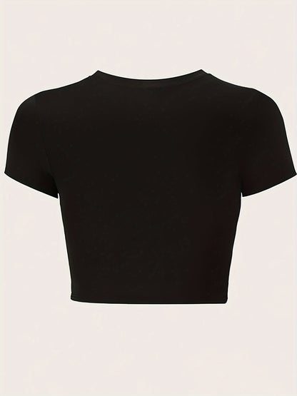 Damen Crop Top T-Shirt mit Statement Print und Schleifen-Design – Modisches Freizeitshirt für Alltag und Streetstyle