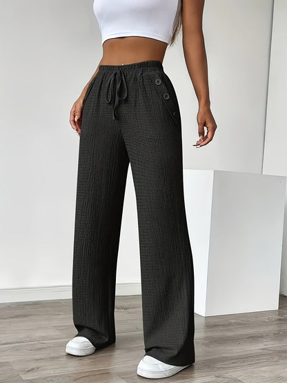 Damen Freizeithose mit weitem Bein und Knopfdetails – Stilvolle Loungehose für Alltag und Freizeit