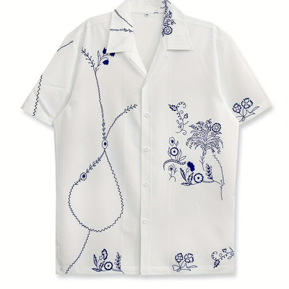 Herren Kurzarm Resort Hemd mit Kunstvollem Blumen- und Linienmuster – Stilvoll für Freizeit & Urlaub