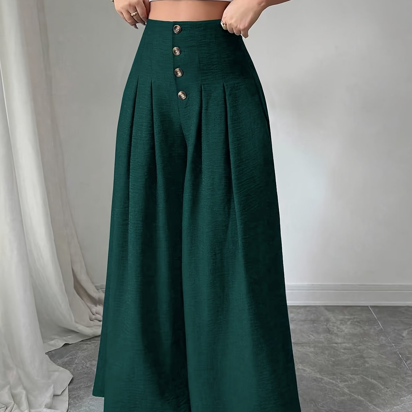 Damen Weite High-Waist-Hose mit Knopfdetails und Eleganten Falten – Modische Business & Freizeit Wide Leg Pants