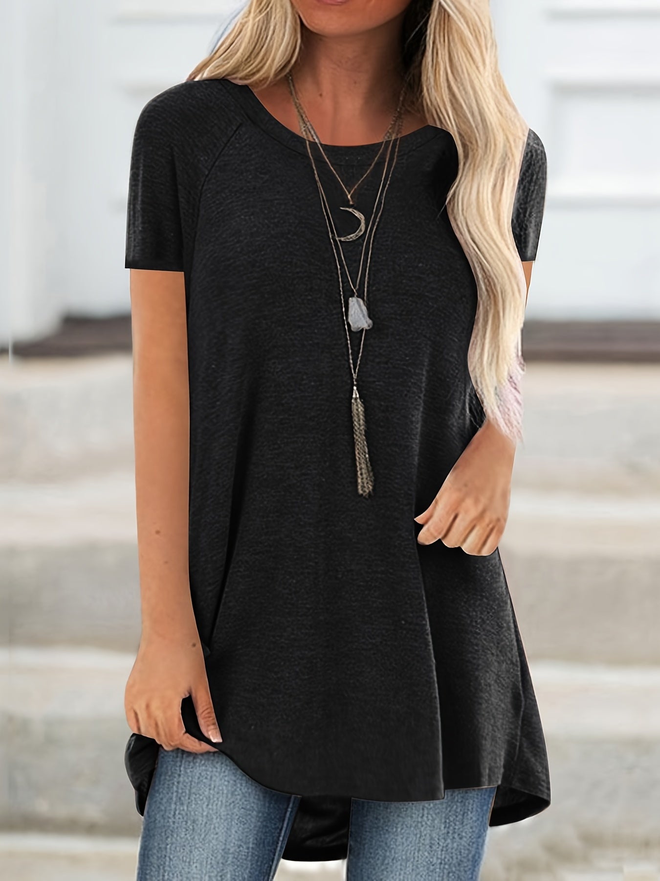 Damen Tunika T-Shirt Kurzarm Lockerer Schnitt Freizeitmode