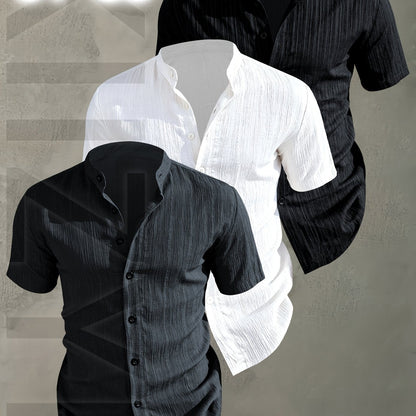 Herren 3er-Pack Freizeithemd mit Stehkragen, Kurzarm, Modernes Design, Knopfleiste