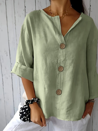 Damen Leinenbluse mit Knopfleiste und 3/4 Ärmeln – Eleganter Freizeit-Look für Alltag und Büro