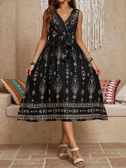 Damen Boho Maxikleid mit Gürtel und Vintage Print – Elegantes Sommerkleid für Alltag und besondere Anlässe