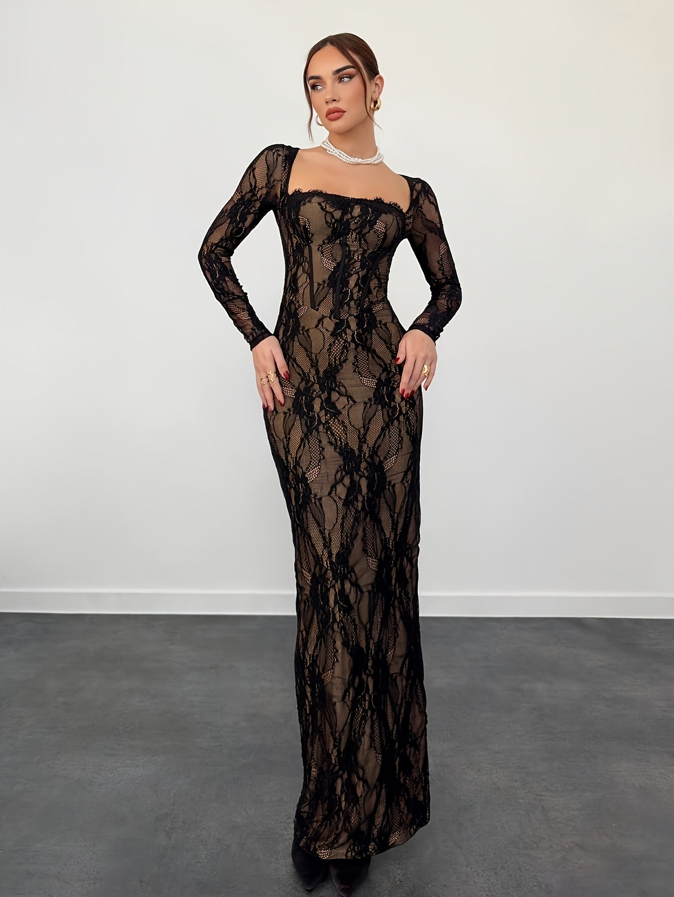 Damen Elegantes Bodycon Abendkleid mit Spitze und Langarm – Perfekt für besondere Anlässe