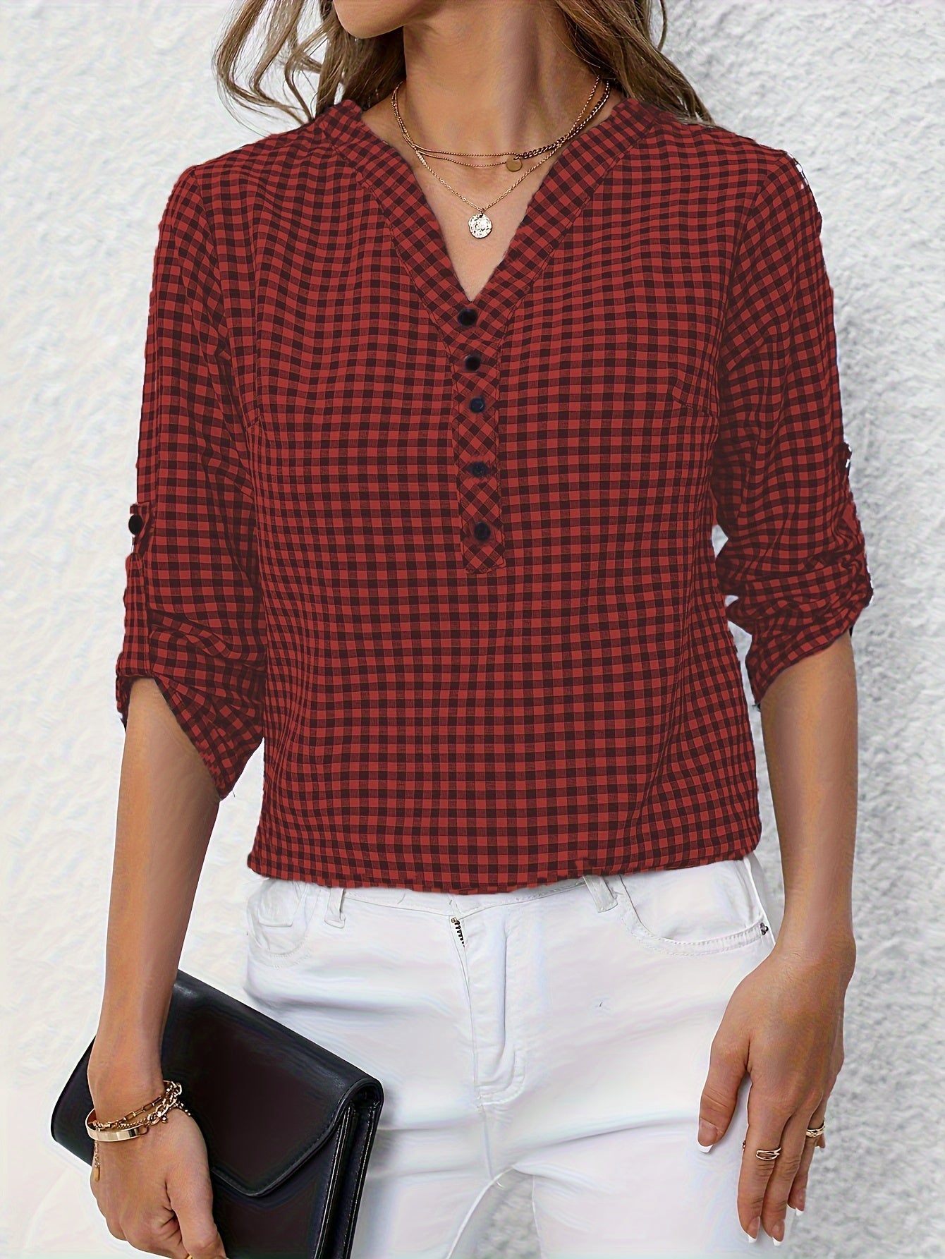 Damen Casual Karo Bluse mit Knopfleiste und 3/4-Ärmeln – Perfekt für Alltag & Freizeit