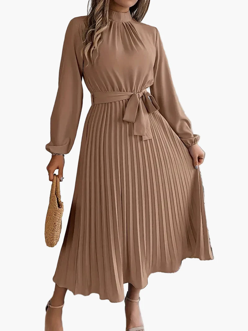 Damen Plisseekleid mit langen Ärmeln und Bindegürtel – Elegantes Midikleid für festliche Anlässe