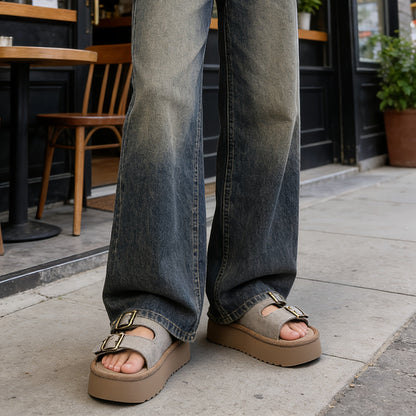 Damen Plateau-Sandalen mit Doppelriemen und Schnallen – Modische Freizeitschuhe für Alltag und Stadt