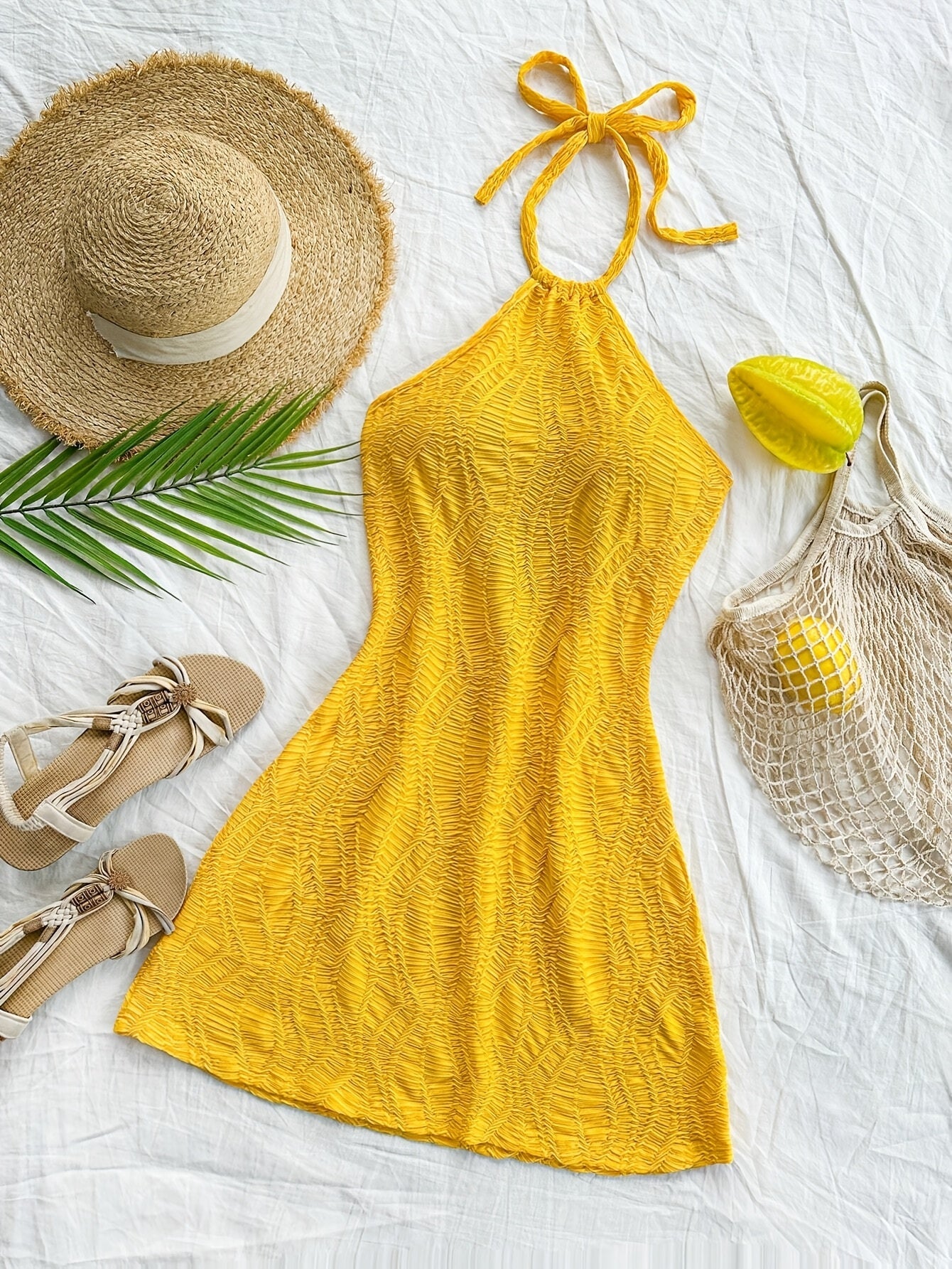 Damen Halterneck Minikleid mit Struktur für Urlaub und Strand