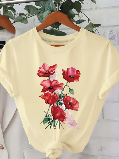 Damen T-Shirt mit Blumenprint – Modisches Freizeitshirt mit Mohnblumen Design
