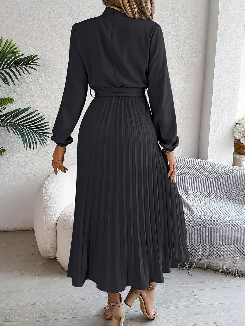 Damen Plisseekleid mit langen Ärmeln und Bindegürtel – Elegantes Midikleid für festliche Anlässe