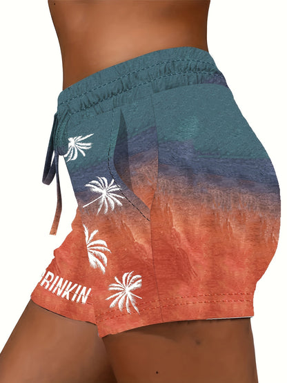 Damen Freizeits-Shorts mit Palmenprint und „Day Drinkin'“-Schriftzug – Sommer Urlaubsstyle