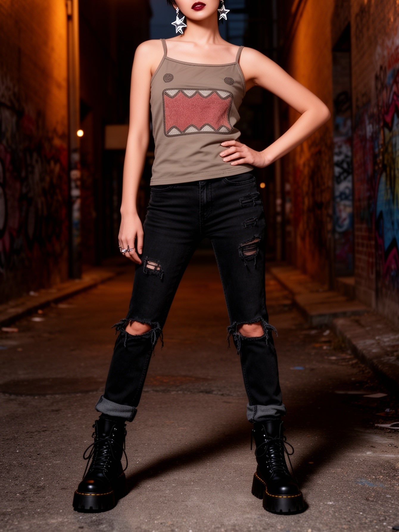 Damen Y2K Streetwear Tanktop mit Cartoon-Motiv und Ripped Jeans – Trendy Urban Style