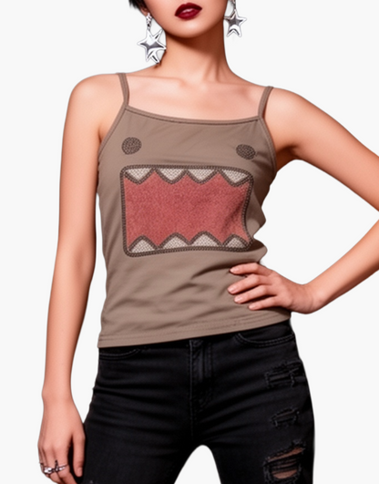 Damen Y2K Streetwear Tanktop mit Cartoon-Motiv und Ripped Jeans – Trendy Urban Style