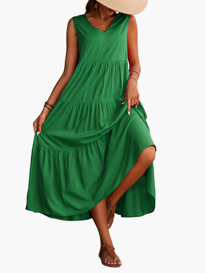 Damen Maxikleid Sommer Boho Elegant Ärmellos Freizeit V-Ausschnitt