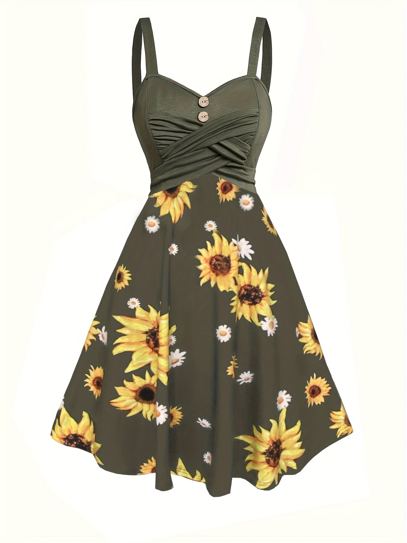 Damen Vintage Sonnenblumen Sommerkleid mit Knopfdetail und Trägern – Perfekt für Freizeit & Urlaub