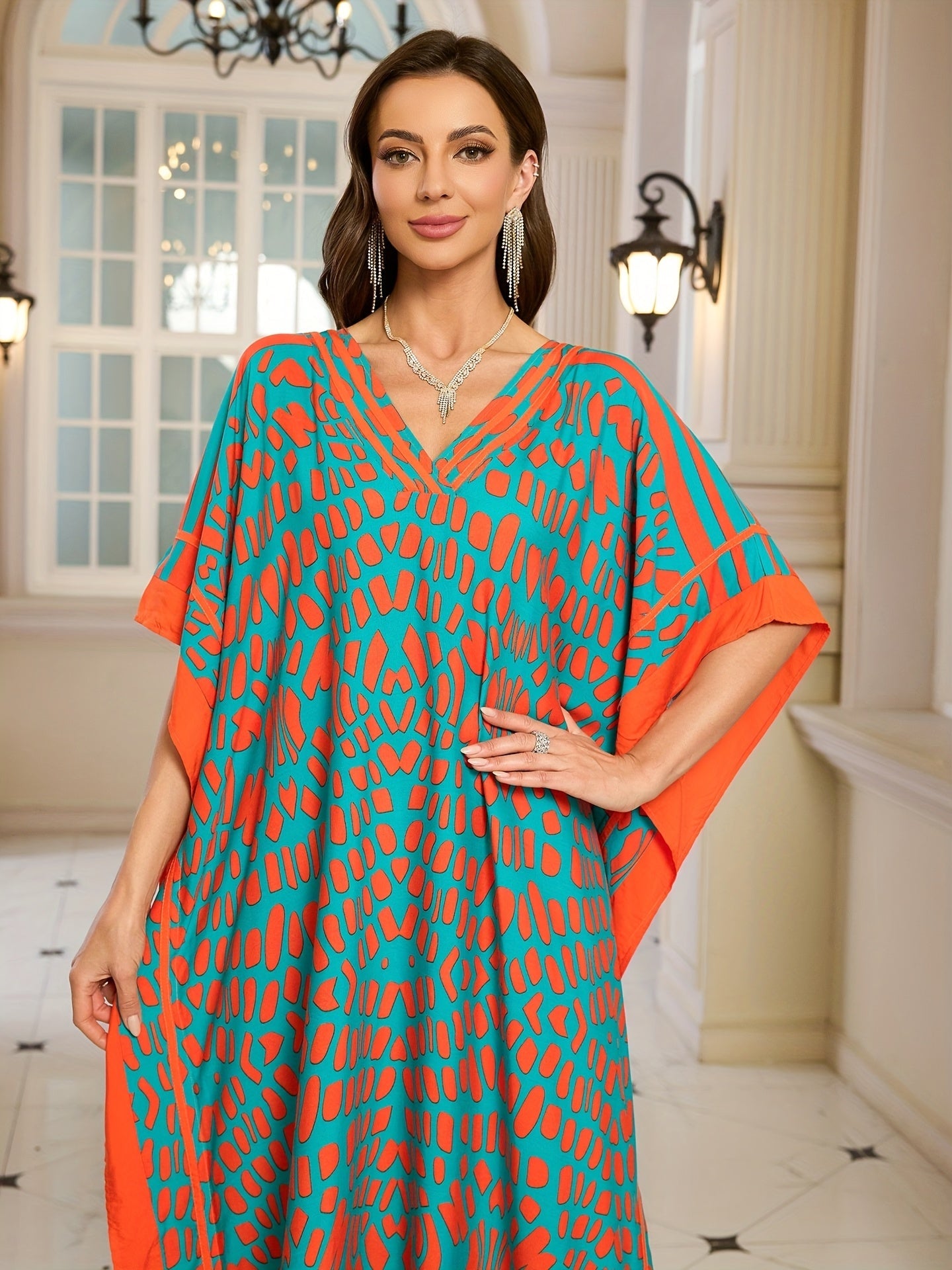 Damen Boho Maxikleid mit Kaftan-Schnitt und V-Ausschnitt – Elegantes Freizeitkleid für Sommer und Urlaub