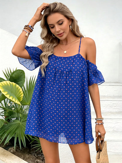 Damen Sommer Minikleid im Boho-Stil mit Spaghettiträgern und Blumenmuster – Lässig und Feminin für Alltag & Urlaub