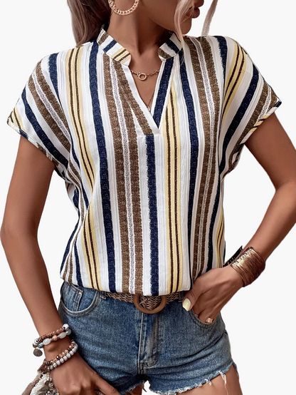 Damen Sommerbluse mit Streifenmuster und V-Ausschnitt – Eleganter Freizeit-Look