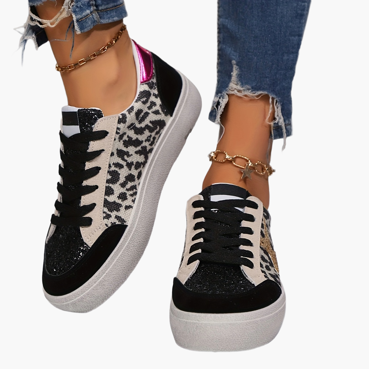 Damen Sneaker mit Glitzerstern und Plateau – Modische Freizeitschuhe für Alltag und Party