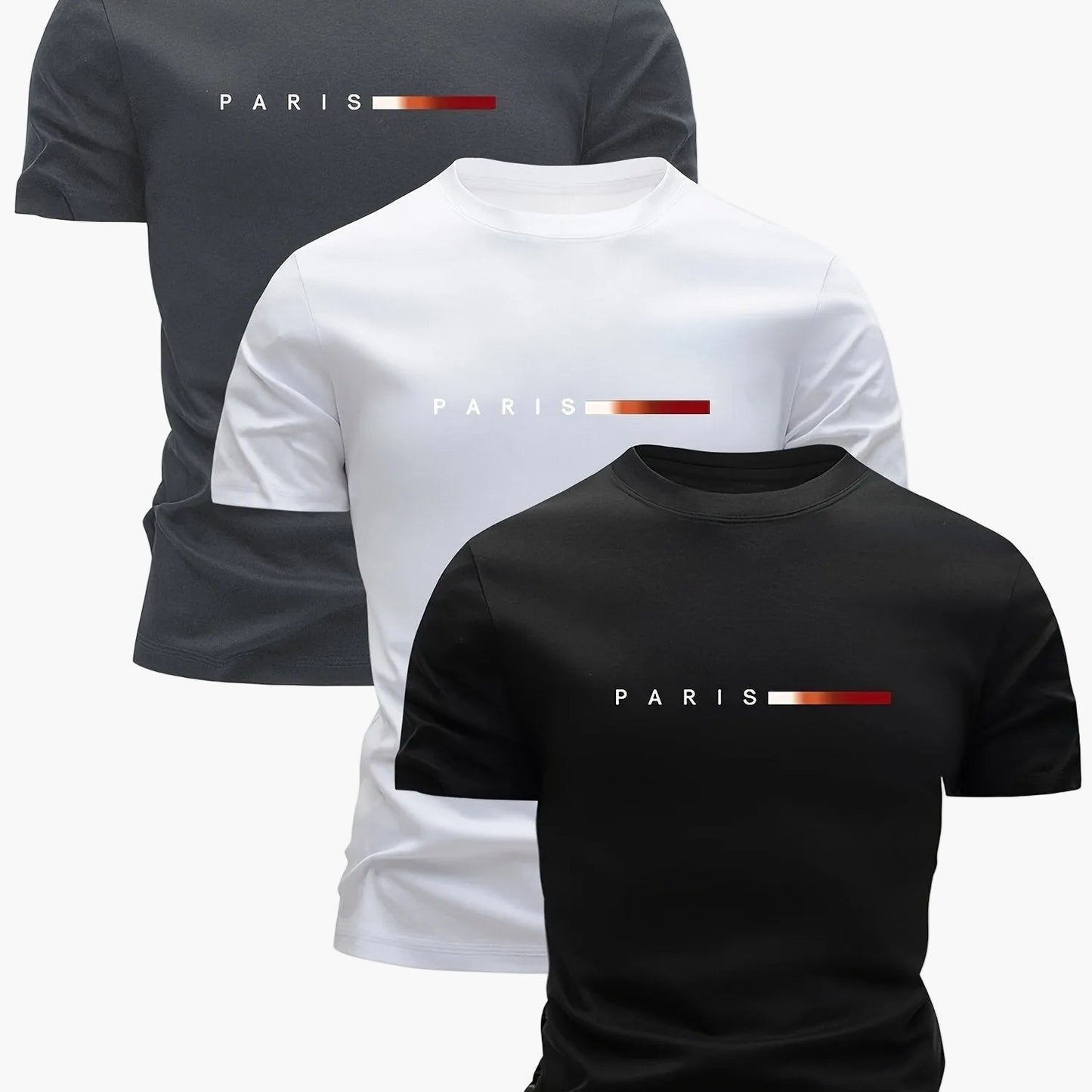 Herren T-Shirt 3er Set – Modernes Paris Print Design, Freizeit & Alltag, Rundhals