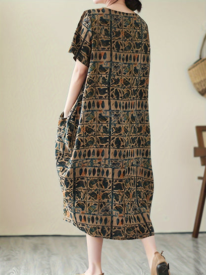 Damen Oversize-Kleid mit künstlerischem geometrisch-botanischem Muster und kurzen Ärmeln – Lässiges Freizeitkleid mit Taschen