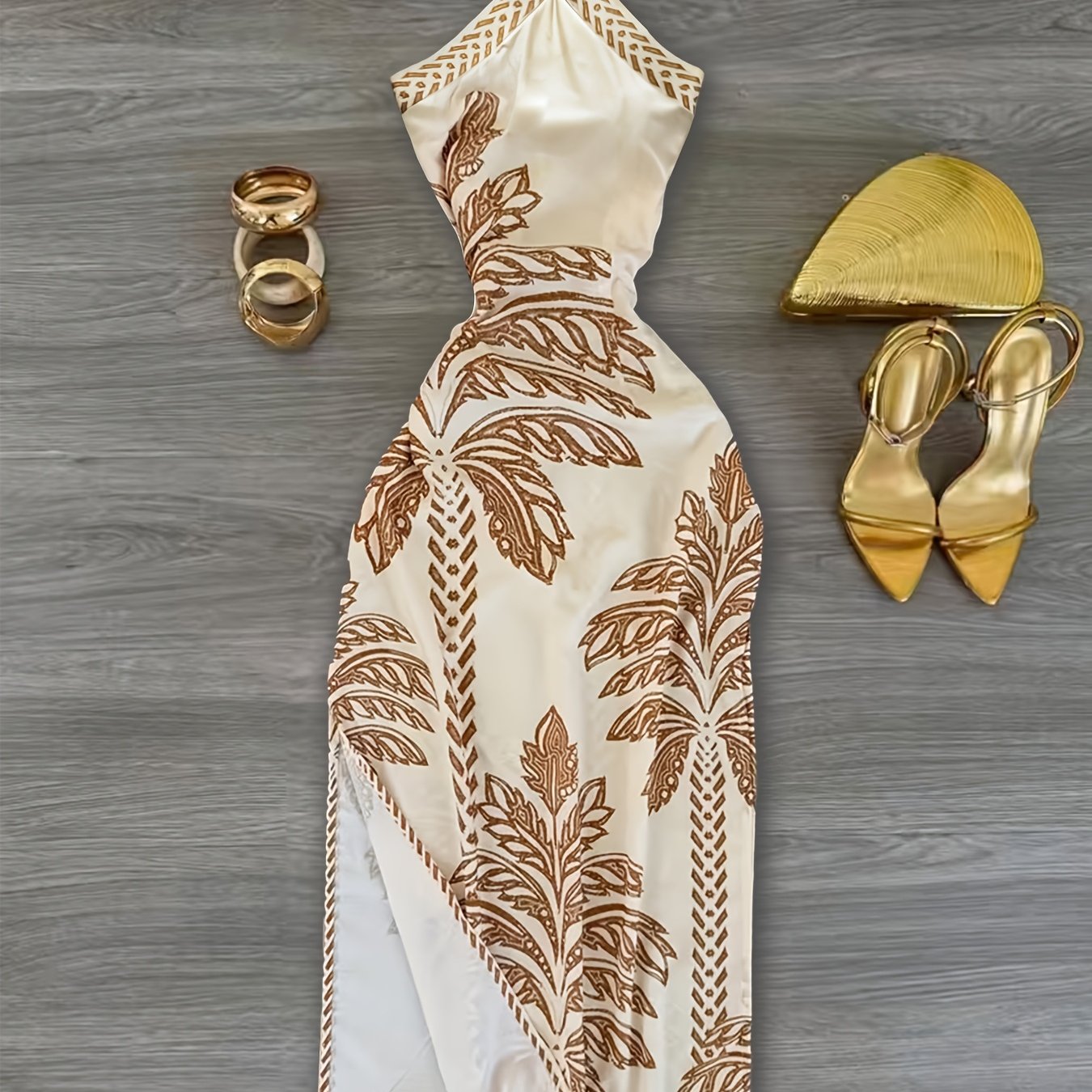 Damen Partykleid mit Palmenmotiv und Neckholder – Elegantes Abendkleid im Resort-Stil