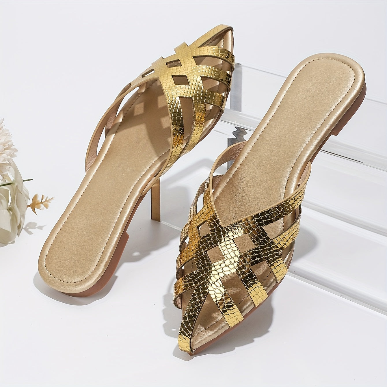 Damen Flache Mules mit Geflochtenem Design und Spitze – Elegante Slip-On Schuhe für Alltag und Ausgehen