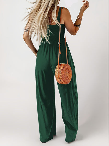 Damen Jumpsuit Elegant mit weitem Bein und Smok-Top, Sommer Overall für Freizeit & Urlaub