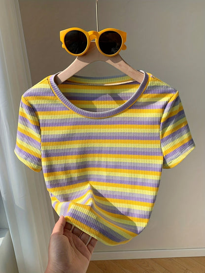 Damen Modernes Streifen-Rippstrick T-Shirt – Kurzarm, Lässiger Streetstyle